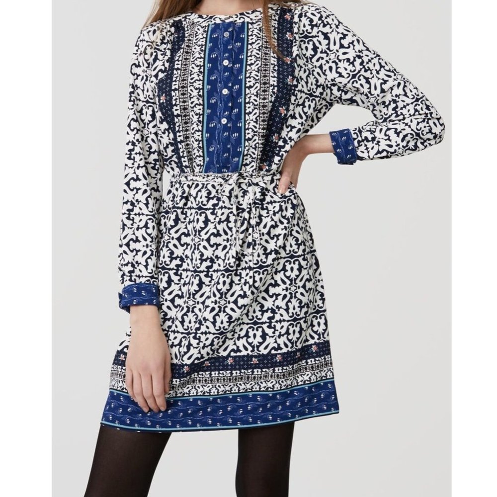 LOFT Navy and White Long Sleeve Printed Dress